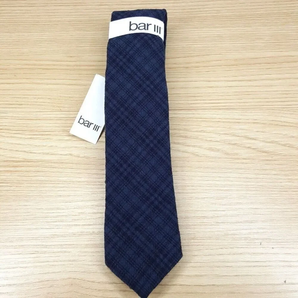 BAR III Mens Neck Tie Blue Plaid Slim Pointed Woven Linen Blend TOTO